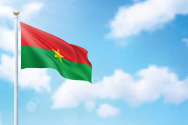 Burkina Faso 'nun bayrağı gökyüzü arka planında sallanıyor. Bağımsızlık Günü poster tasarımı için şablon