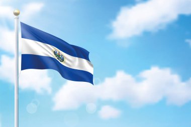 El Salvador 'un bayrağı gökyüzü arka planında sallanıyor. Bağımsızlık Günü poster tasarımı için şablon