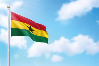 Gökyüzü arka planında Gana bayrağı sallıyor. Bağımsızlık Günü poster tasarımı için şablon