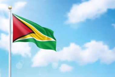 Gökyüzü arka planında Guyana bayrağı sallıyor. Bağımsızlık Günü poster tasarımı için şablon