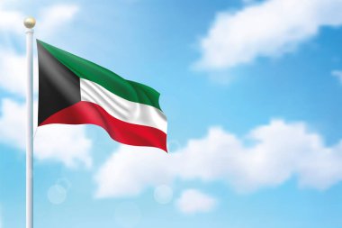 Gökyüzü arka planında Kuveyt bayrağı sallıyor. Bağımsızlık Günü poster tasarımı için şablon