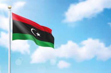 Arka planda Libya bayrağı sallıyor. Bağımsızlık Günü poster tasarımı için şablon