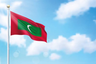 Gökyüzü arka planında Maldivler 'in bayrağı sallanıyor. Bağımsızlık Günü poster tasarımı için şablon