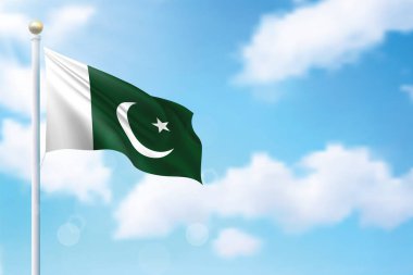 Arka planda Pakistan bayrağı sallıyor. Bağımsızlık Günü poster tasarımı için şablon