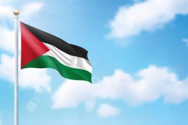 Gökyüzünde Filistin bayrağı sallıyor. Bağımsızlık Günü poster tasarımı için şablon