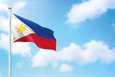 Gökyüzü arka planında Filipinler bayrağı sallıyor. Bağımsızlık Günü poster tasarımı için şablon