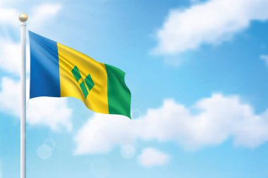 Gökyüzünde Saint Vincent ve Grenadine bayrağı sallıyor. Bağımsızlık Günü poster tasarımı için şablon