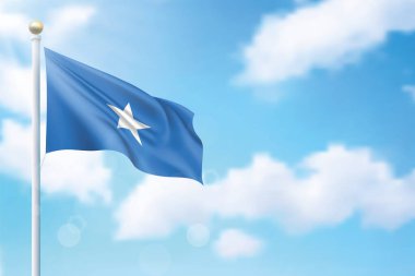 Gökyüzü arka planında Somali bayrağı sallıyor. Bağımsızlık Günü poster tasarımı için şablon