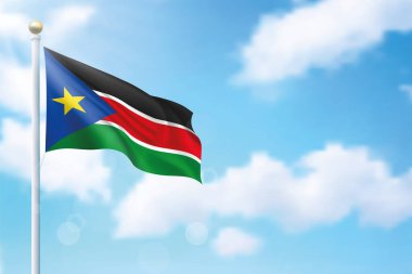 Gökyüzü arka planında Güney Sudan bayrağı sallıyor. Bağımsızlık Günü poster tasarımı için şablon