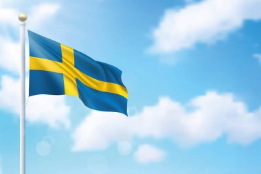 Gökyüzünde İsveç bayrağı sallıyor. Bağımsızlık Günü poster tasarımı için şablon