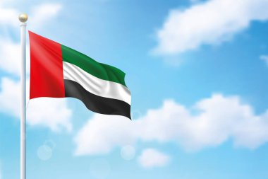 Gökyüzü arka planında Birleşik Arap Emirlikleri bayrağı sallıyor. Bağımsızlık Günü poster tasarımı için şablon
