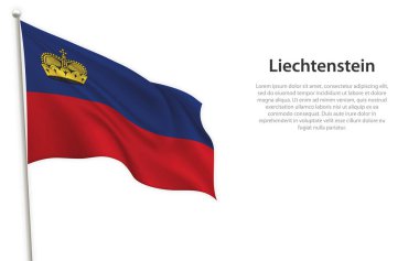 Beyaz arka planda Liechtenstein bayrağı sallıyor. Bağımsızlık Günü poster tasarımı için şablon