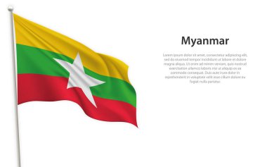 Beyaz arka planda Myanmar bayrağı sallıyor. Bağımsızlık Günü poster tasarımı için şablon