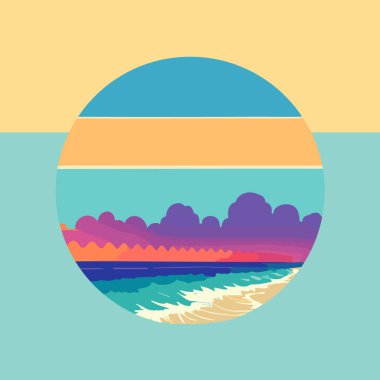 Okyanusun üzerinde güneş ve su silueti olan günbatımı logosu. Vektör illüstrasyonu