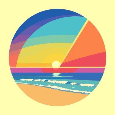 Okyanusun üzerinde güneş ve su silueti olan günbatımı logosu. Vektör illüstrasyonu