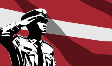 Arka planda Letonya bayrağı olan asker silueti. Ordu günü konsepti