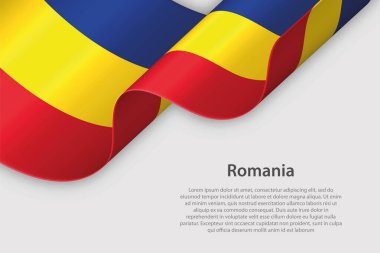 Romanya ulusal bayrağı taşıyan 3D kurdele, telif uzaylı beyaz arka planda izole edildi