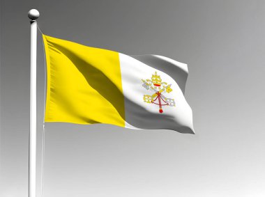 Vatikan ulusal bayrağı gri arka planda dalgalanıyor.