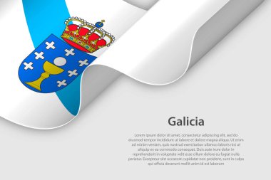 Galiçya bayraklı 3D kurdele. İspanyol özerk topluluğu. Kopyalama alanı olan beyaz arkaplanda izole