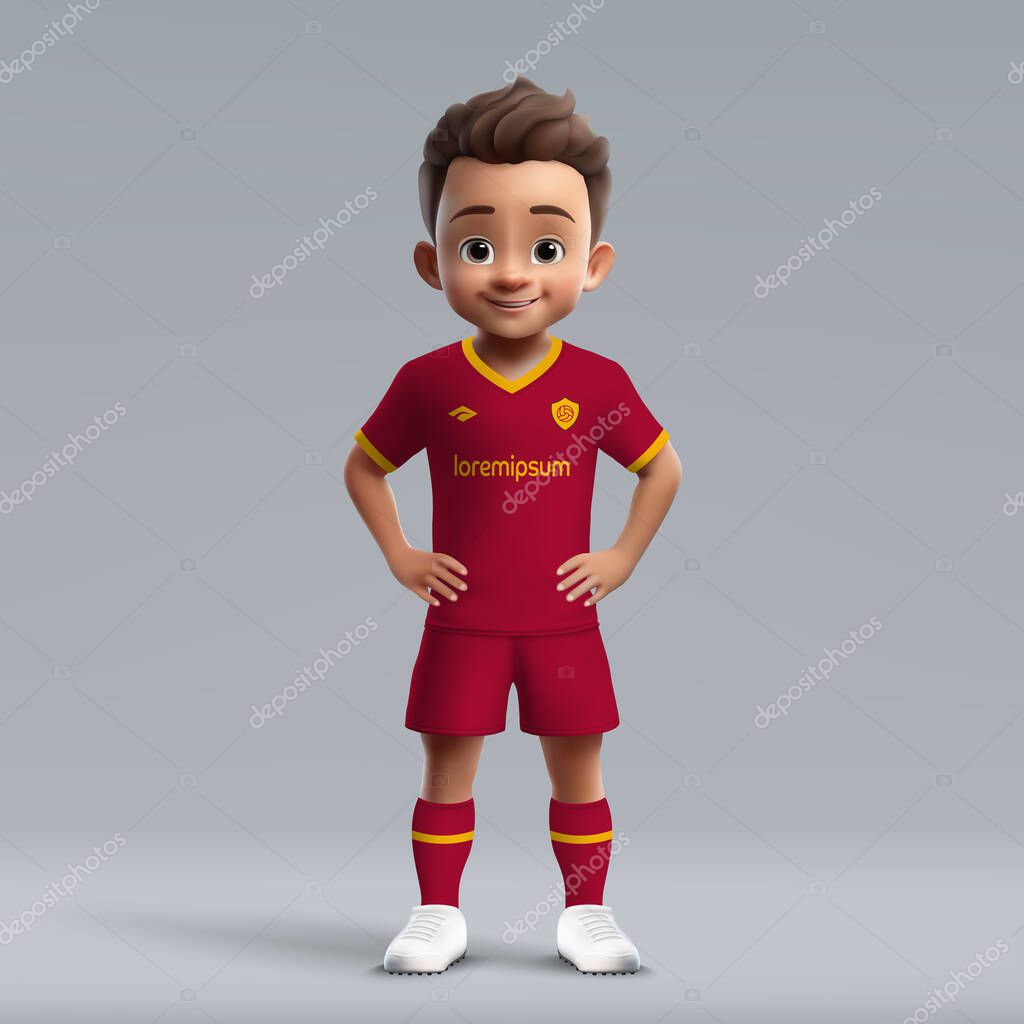 3d cartoon cute young soccer player in Roma football uniform. Football team jersey
