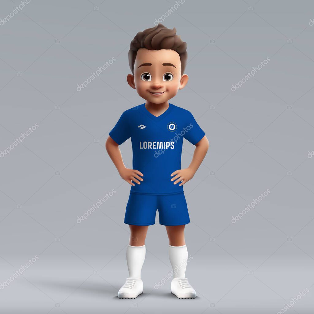 3d cartoon cute young soccer player in Chelsea football uniform. Football team jersey