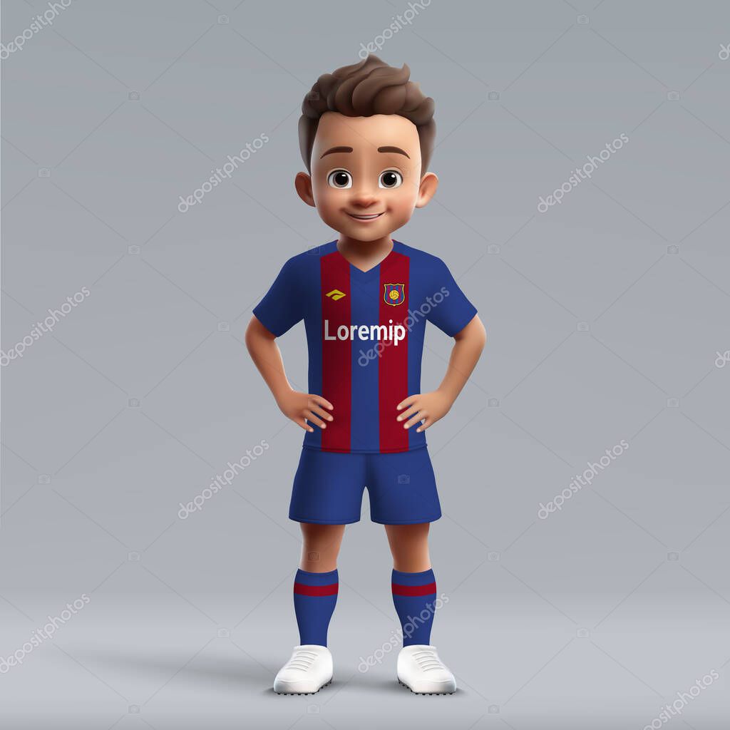 3d cartoon cute young soccer player in Barcelona football uniform. Football team jersey