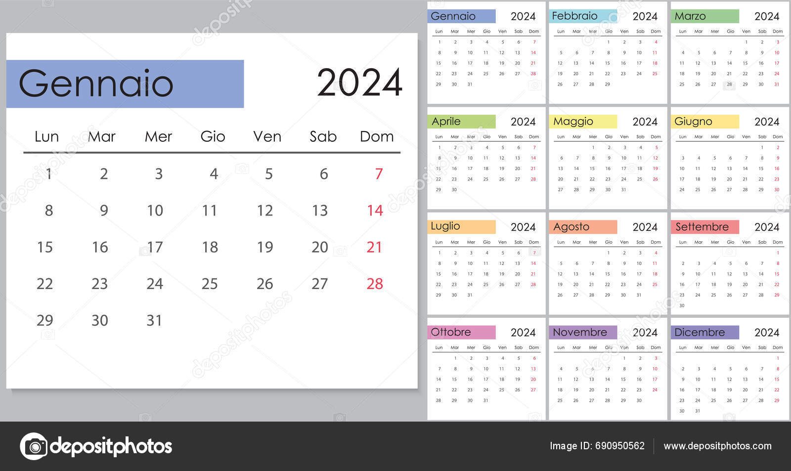 Calendar 2025 Italian Language Week Start Monday Vector Template Stock