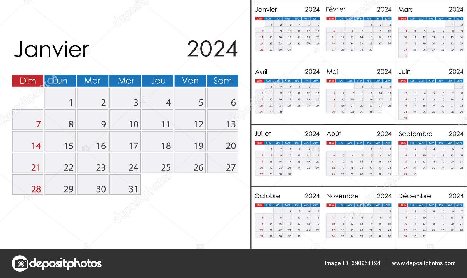 Calendar 2024 French Language Week Start Sunday Vector Template Stock