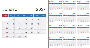 Portekizce 2024 takvimi, hafta pazar günü başlıyor. Vektör şablonu