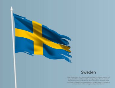 İsveç 'in eski ulusal bayrağı. Mavi arka planda dalgalı yırtık kumaş. Gerçekçi vektör illüstrasyonu