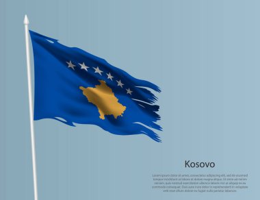 Kosova 'nın eski ulusal bayrağı. Mavi arka planda dalgalı yırtık kumaş. Gerçekçi vektör illüstrasyonu
