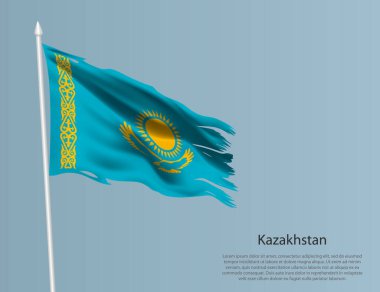 Kazakistan 'ın eski ulusal bayrağı. Mavi arka planda dalgalı yırtık kumaş. Gerçekçi vektör illüstrasyonu