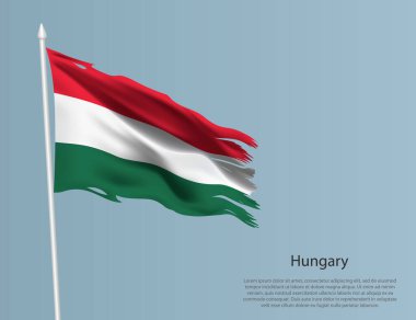 Macaristan 'ın eski ulusal bayrağı. Mavi arka planda dalgalı yırtık kumaş. Gerçekçi vektör illüstrasyonu