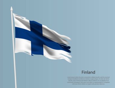 Finlandiya 'nın eski ulusal bayrağı. Mavi arka planda dalgalı yırtık kumaş. Gerçekçi vektör illüstrasyonu