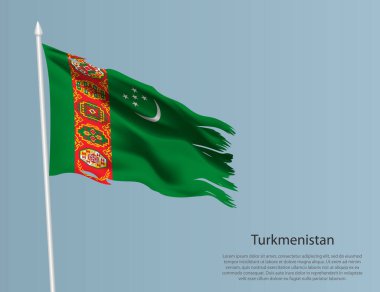 Türkmenistan 'ın eski ulusal bayrağı. Mavi arka planda dalgalı yırtık kumaş. Gerçekçi vektör illüstrasyonu