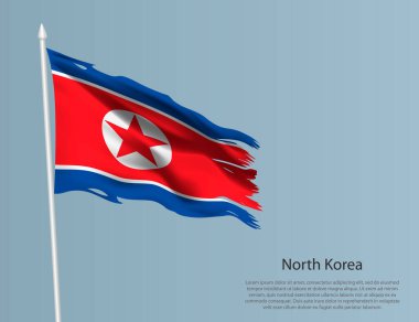 Kuzey Kore 'nin eski ulusal bayrağı. Mavi arka planda dalgalı yırtık kumaş. Gerçekçi vektör illüstrasyonu