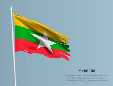 Myanmar 'ın eski ulusal bayrağı. Mavi arka planda dalgalı yırtık kumaş. Gerçekçi vektör illüstrasyonu