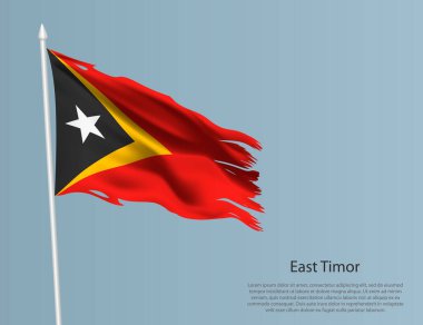 Doğu Timor 'un eski ulusal bayrağı. Mavi arka planda dalgalı yırtık kumaş. Gerçekçi vektör illüstrasyonu