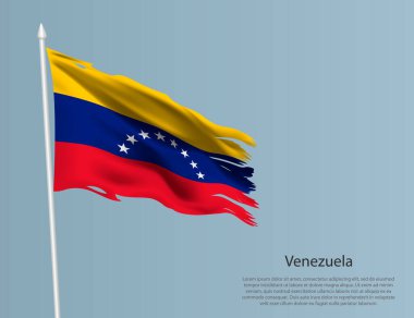 Venezuela 'nın yırtık ulusal bayrağı. Mavi arka planda dalgalı yırtık kumaş. Gerçekçi vektör illüstrasyonu