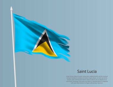 Aziz Lucia 'nın eski ulusal bayrağı. Mavi arka planda dalgalı yırtık kumaş. Gerçekçi vektör illüstrasyonu