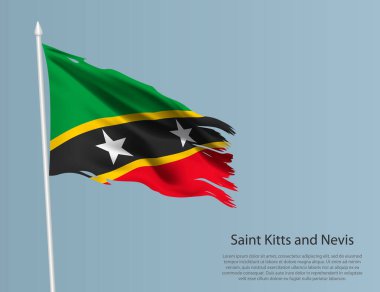 Saint Kitts ve Nevis 'in eski ulusal bayrağı. Mavi arka planda dalgalı yırtık kumaş. Gerçekçi vektör illüstrasyonu