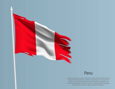 Peru 'nun eski ulusal bayrağı. Mavi arka planda dalgalı yırtık kumaş. Gerçekçi vektör illüstrasyonu