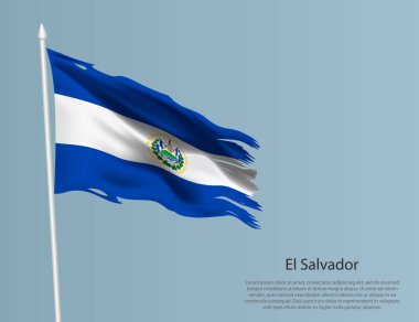 El Salvador 'un eski ulusal bayrağı. Mavi arka planda dalgalı yırtık kumaş. Gerçekçi vektör illüstrasyonu