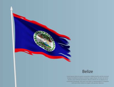 Belize 'nin eski ulusal bayrağı. Mavi arka planda dalgalı yırtık kumaş. Gerçekçi vektör illüstrasyonu