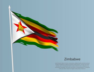 Zimbabwe 'nin eski ulusal bayrağı. Mavi arka planda dalgalı yırtık kumaş. Gerçekçi vektör illüstrasyonu