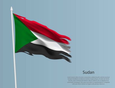 Sudan 'ın eski ulusal bayrağı. Mavi arka planda dalgalı yırtık kumaş. Gerçekçi vektör illüstrasyonu