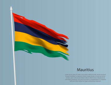 Mauritius 'un eski ulusal bayrağı. Mavi arka planda dalgalı yırtık kumaş. Gerçekçi vektör illüstrasyonu