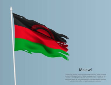 Malawi 'nin eski ulusal bayrağı. Mavi arka planda dalgalı yırtık kumaş. Gerçekçi vektör illüstrasyonu