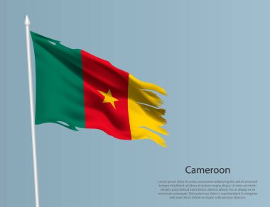 Ragged National Cameroon bayrağı. Mavi arka planda dalgalı yırtık kumaş. Gerçekçi vektör illüstrasyonu