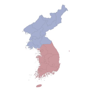 Kuzey ve Güney Kore haritaları ve beyaz arka planda eyalet sınırları,